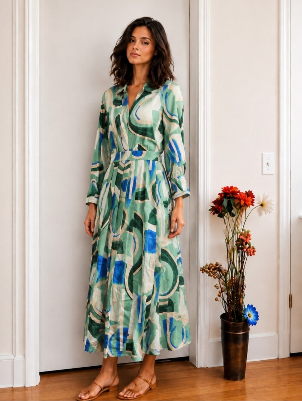 Zara | Green Abstract Pleated Satin Maxi Dress with Collared Neckline  NWT